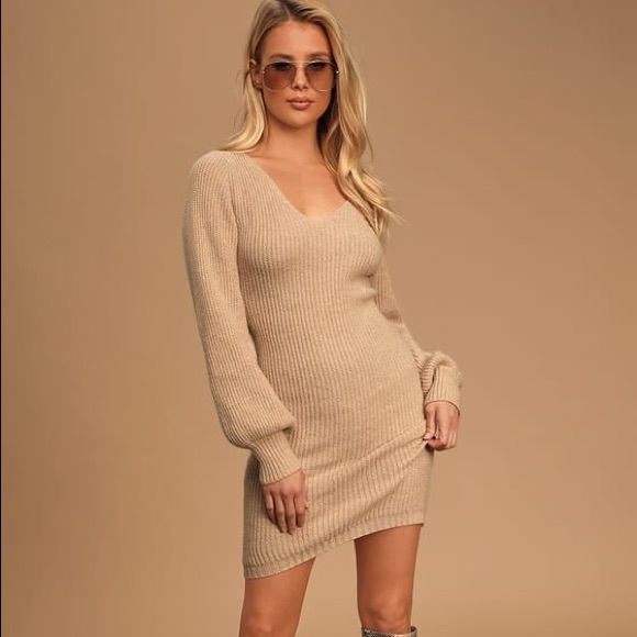 Lulus Dresses & Skirts - Lulu’s tan balloon sleeved knit sweater dress